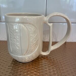 Pottery Barn A-Z Monogram Raised Letter D Coffee Tea Cup Mug Ornate Handle Ivory